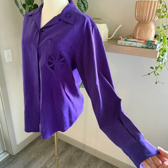 Vintage Silk Purple Cutout Detail Long Sleeve Button Up Womens Office Workwear - Picture 5 of 9